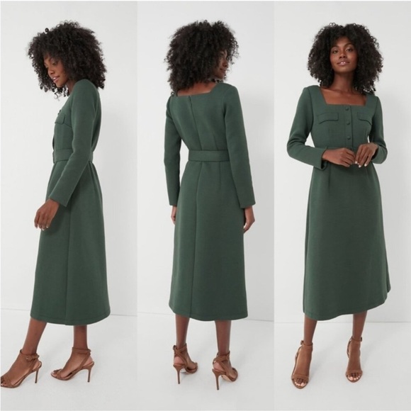 Tuckernuck Forest Green Long Sleeve Square Neck Elle Midi Dress XS *NO BELT* - Picture 1 of 6